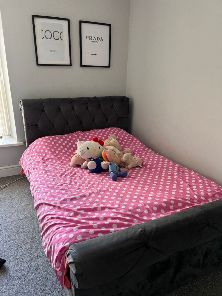Grey Velvet Double Bed Frame with Mattress– Good Condition
