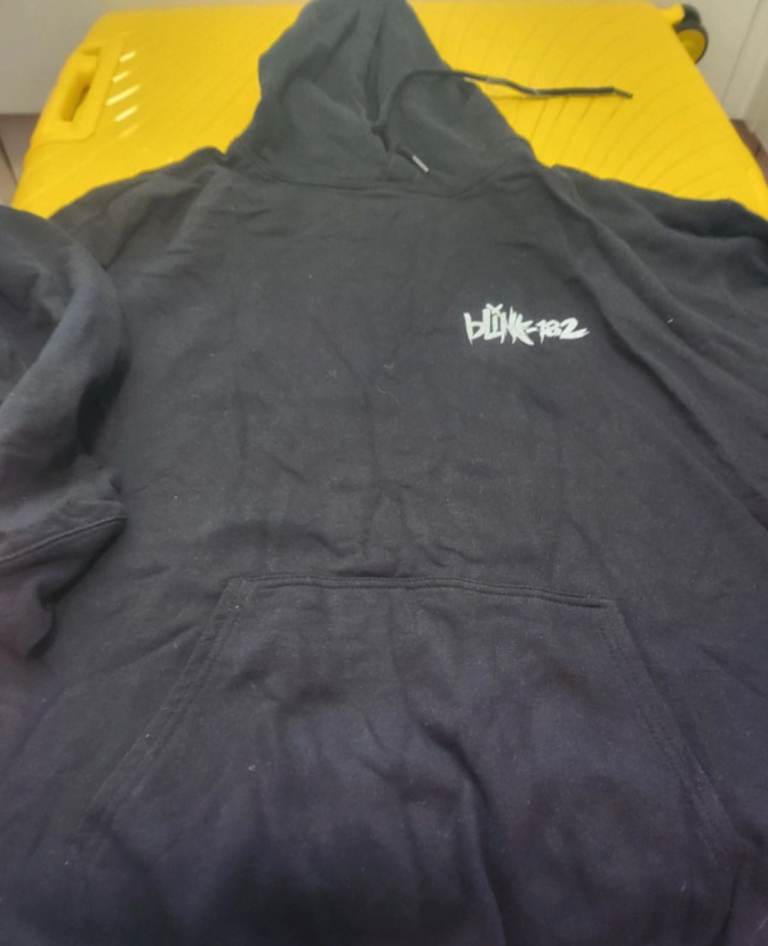 A black Boohoo hoodie with a Blink-182 graphic on the back