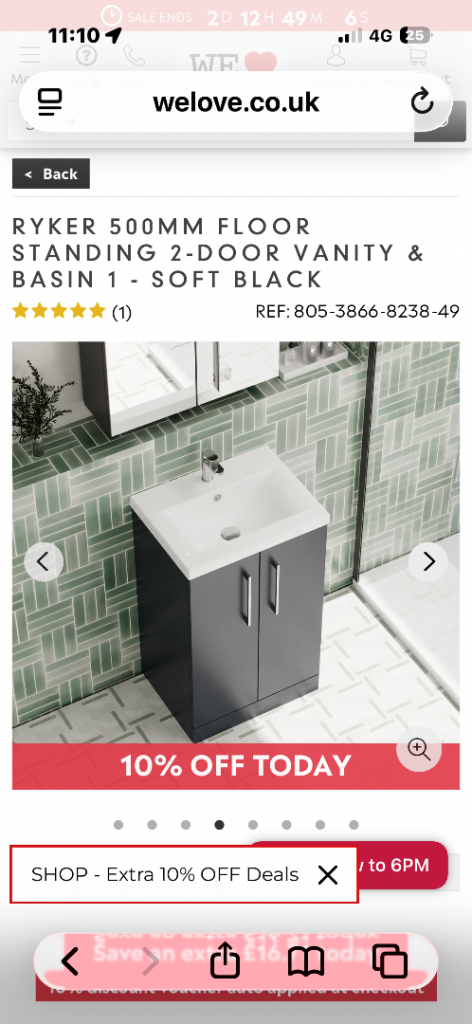 Vanity unit soft black (anthracite) gold or silver handles 600m