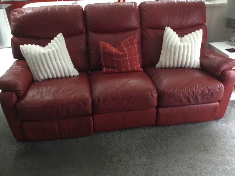 Comfy Red Leather Sofa & Armchair Set with Recliner Function | in ...