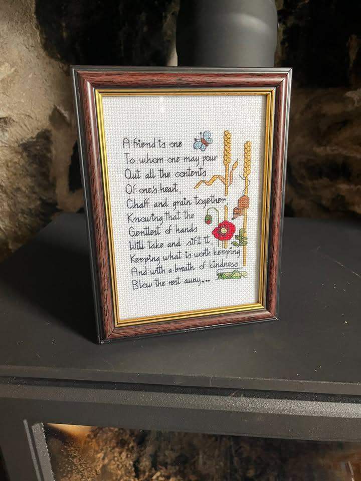 Framed cross-stitch featuring a well-known quote of comfort and safety found in true friendship.