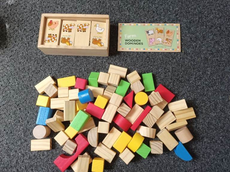 Wooden building blocks and wooden Farm animal dominoes