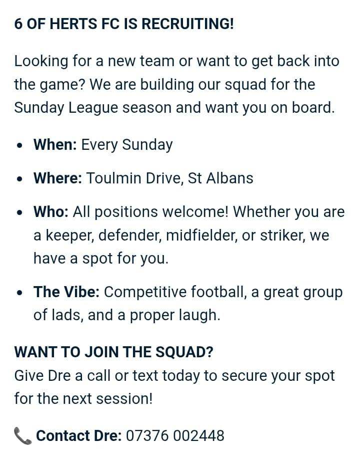 Looking for players for our adult Sunday team based in st alban / Watford area 