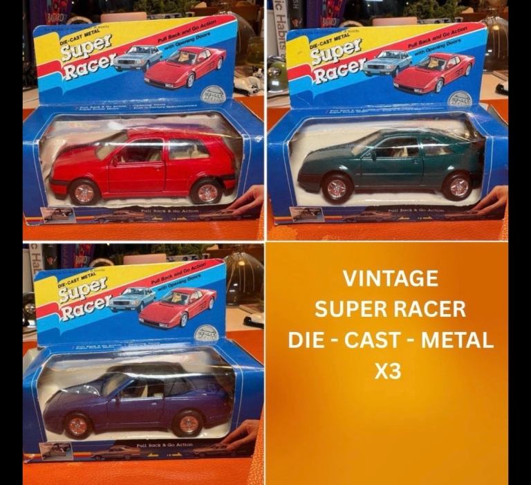 3x Vintage Diecast Metal Super Racer Cars Boxed Original. Pull Back & Go Action