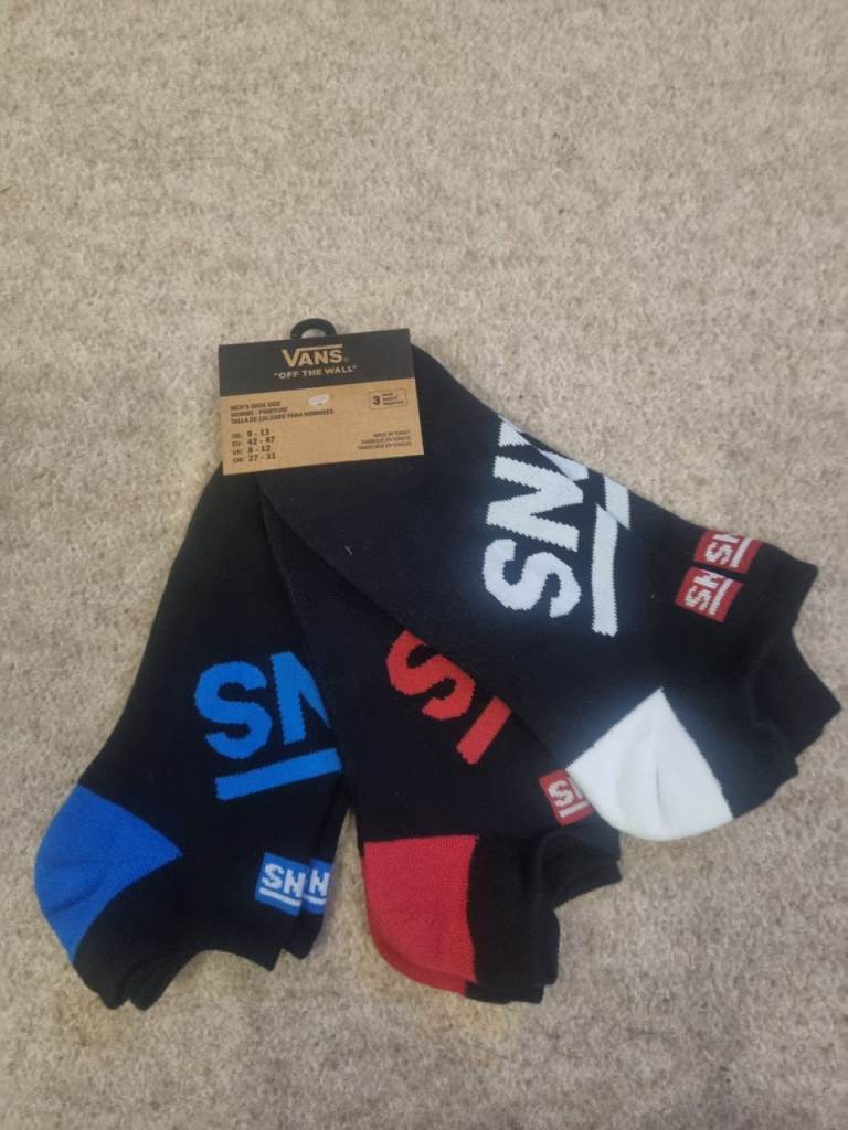 Vans Men's Socks - 3 Pack, Black with Colour Accents, New