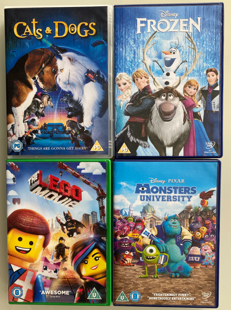 Frozen, Monsters University, Cats & Dogs, Lego Movie DVDs