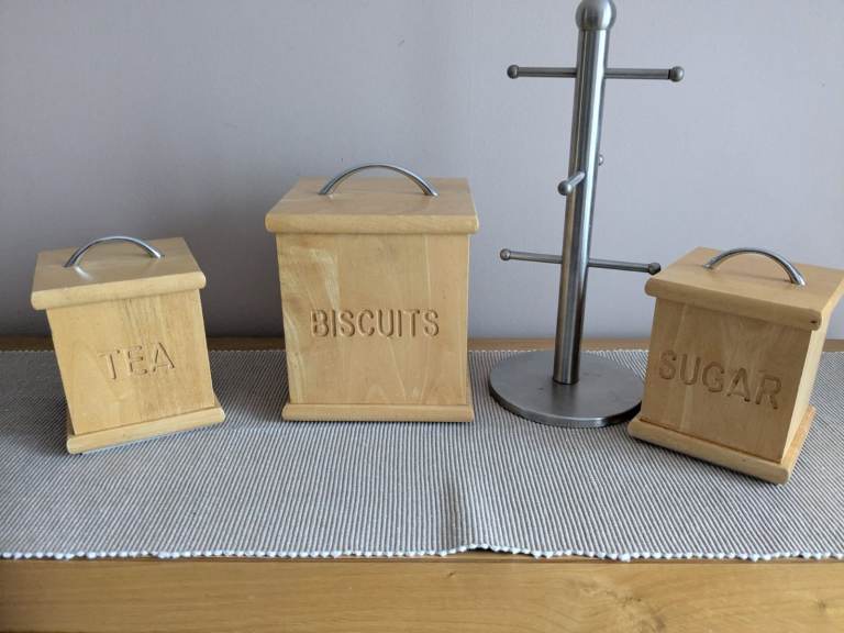 Wooden Tea, Sugar & Biscuits Canisters with Mug Tree