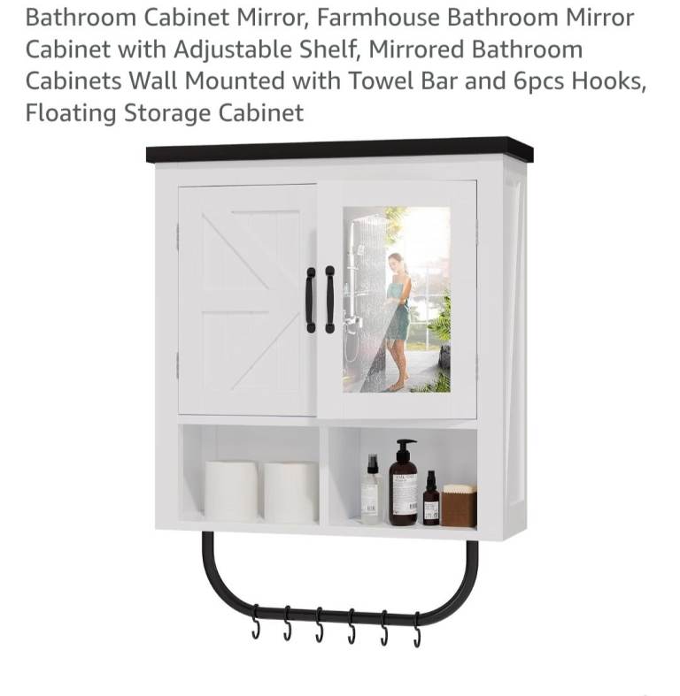 White Farmhouse Style Bathroom Cabinet with Mirror & Hooks