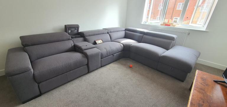 Modern Grey Corner Recliner Sofa – Electric, Storage & Cup Holders