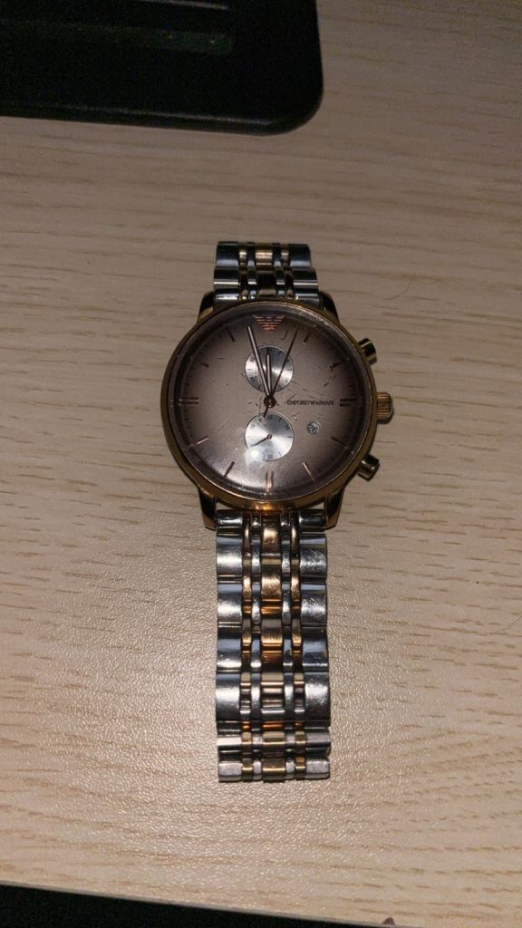 Emporio Armani Chronograph Watch – Silver & Gold Tone, Good Condition