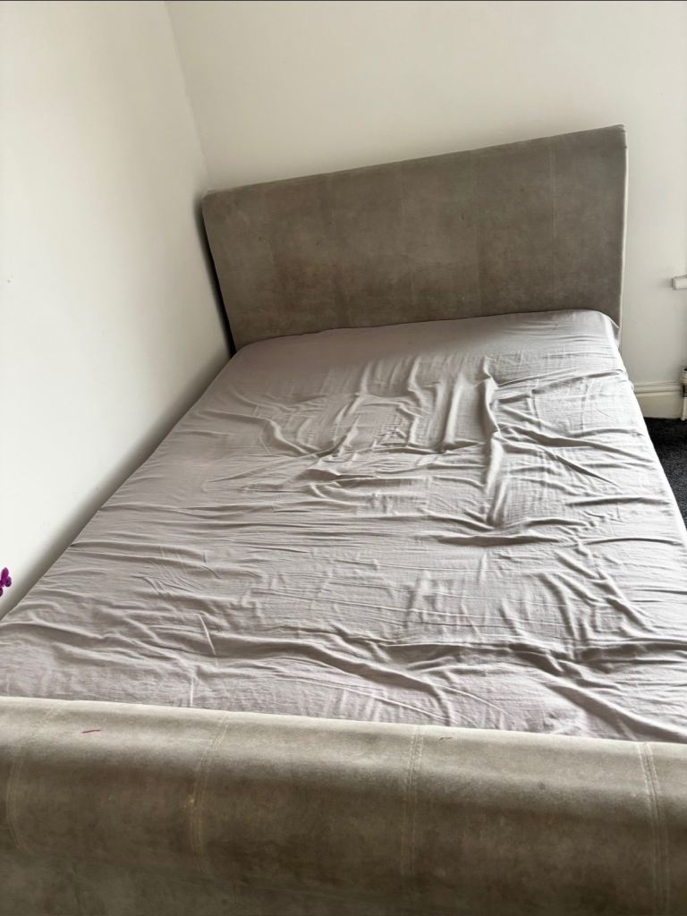 Comfortable Grey Fabric Double Bed Frame – Good Condition