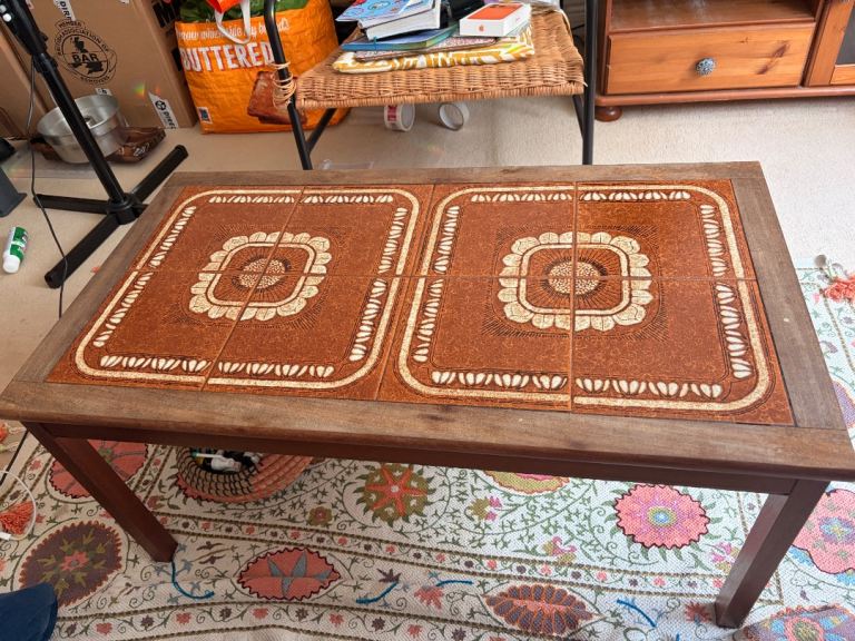 Vintage Tiled Coffee Table – Brown Wood and Ceramic