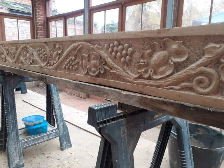 Hand carved oak beams, oak cornice, gothic oak carved panels 