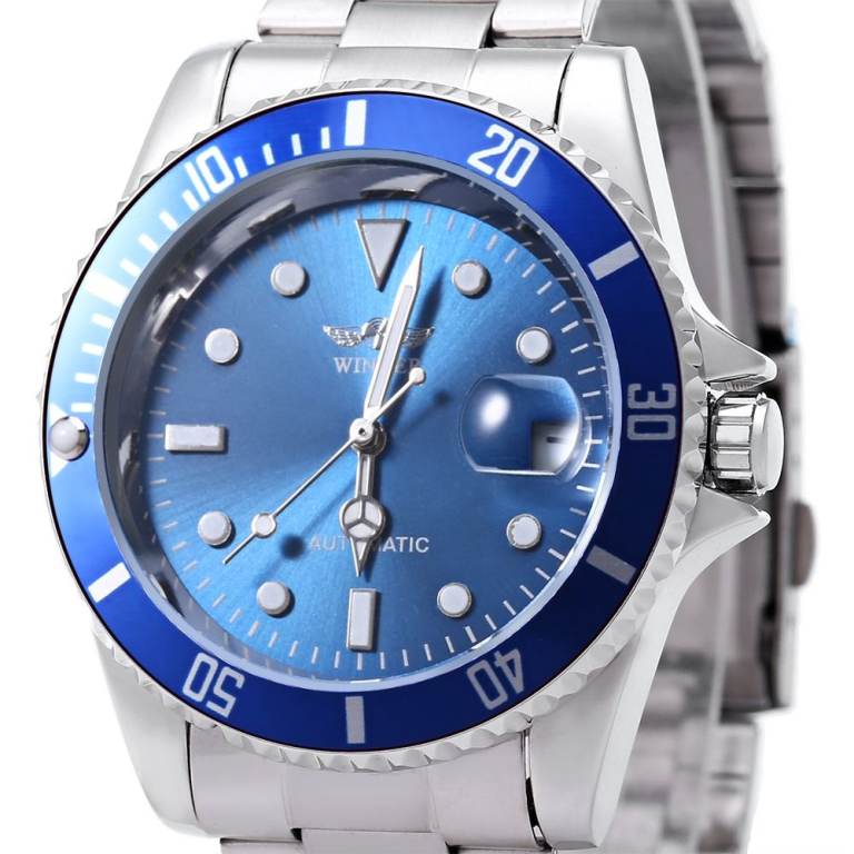 Gents Blue Face Automatic Movement Watch Magnified Date Silver Stainless Steel Bracelet