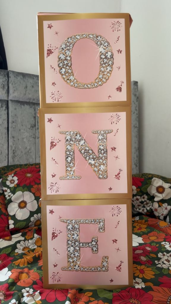 3pc Pink Gold & White Square cardboard boxes for 1st birthday decorations -As Good As New