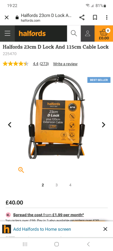 Halfords 23cm D lock plus 120 extension cable brand new in packaging