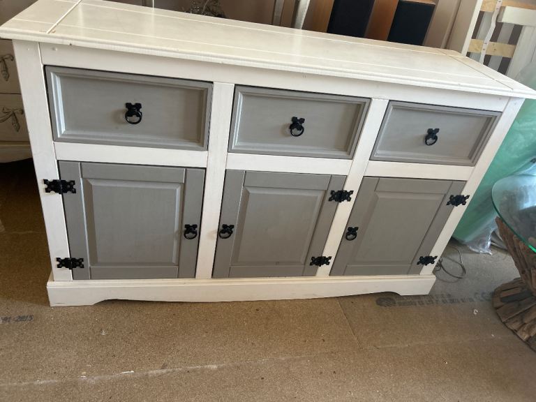 Hand painted white and grey sideboard with three drawers and cupbaords