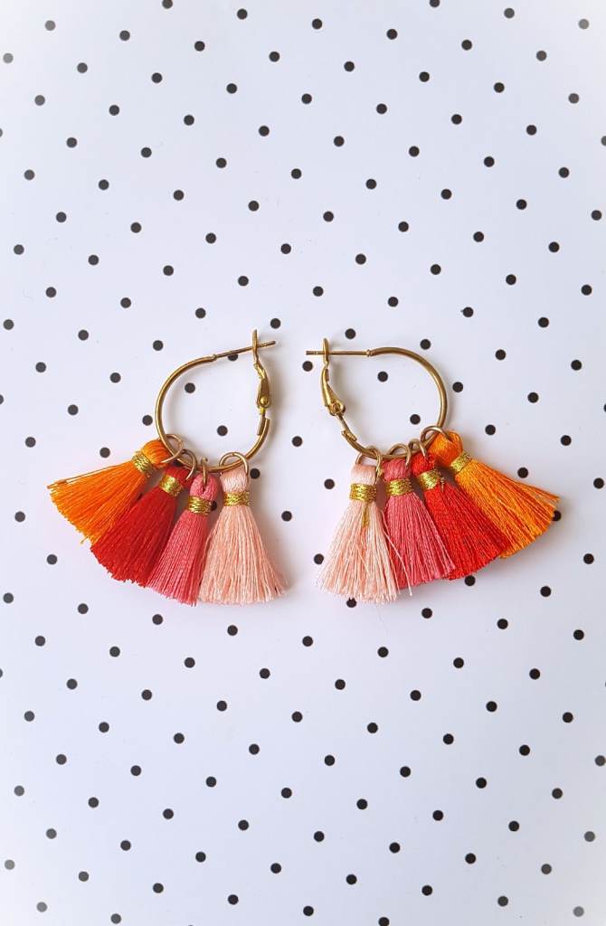 Small golden hoop earrings with pink/red/orange tassels boho fairy spring