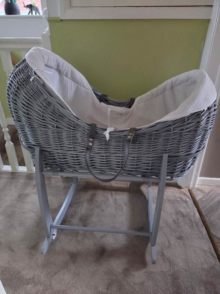 Grey Wicker Moses Basket with Rocking Stand – Good Condition