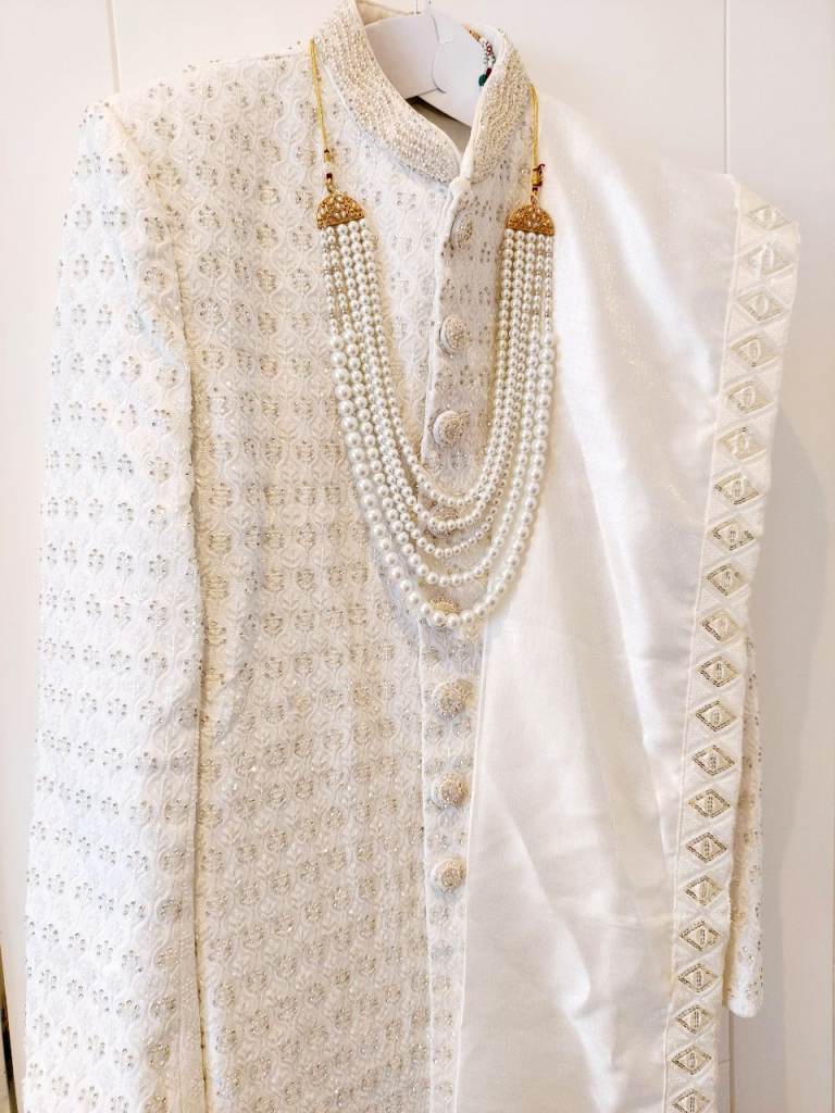 White Wedding Sherwani Men UK size 40 4 pieces