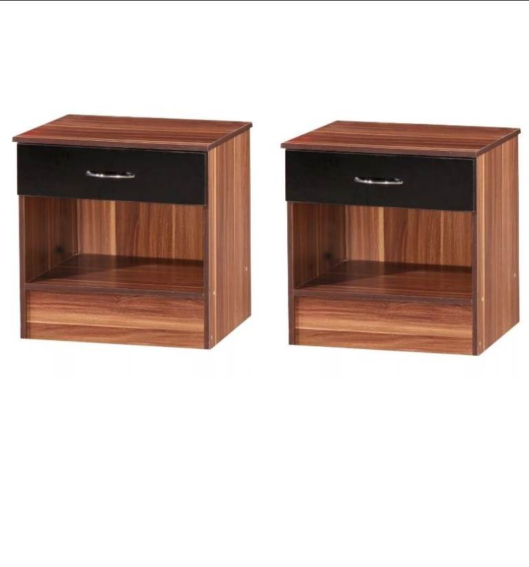 2 X Alpha 1-Drawer Bedside Cabinets Black Gloss and French Walnut