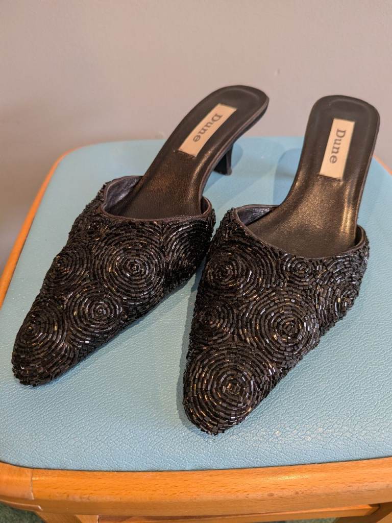 Dune Black Beaded Pointed Toe Mule Kitten Mid Heel Slip On Shoes
