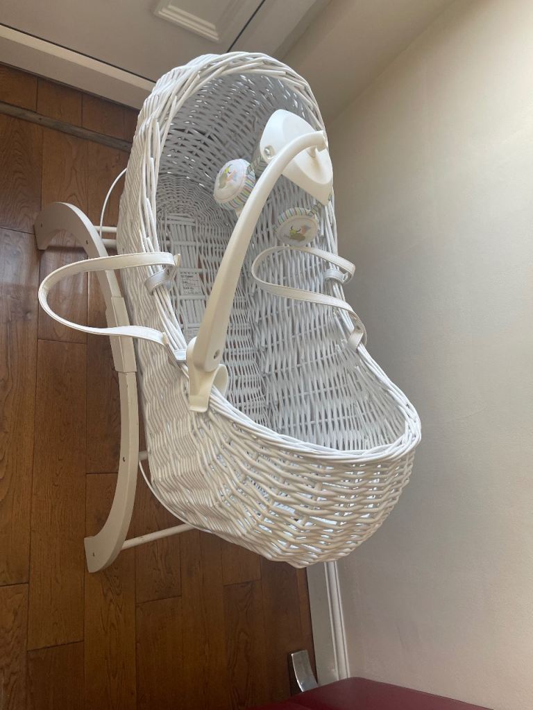White Wicker Baby Moses Basket with Stand & Toy – Excellent Condition