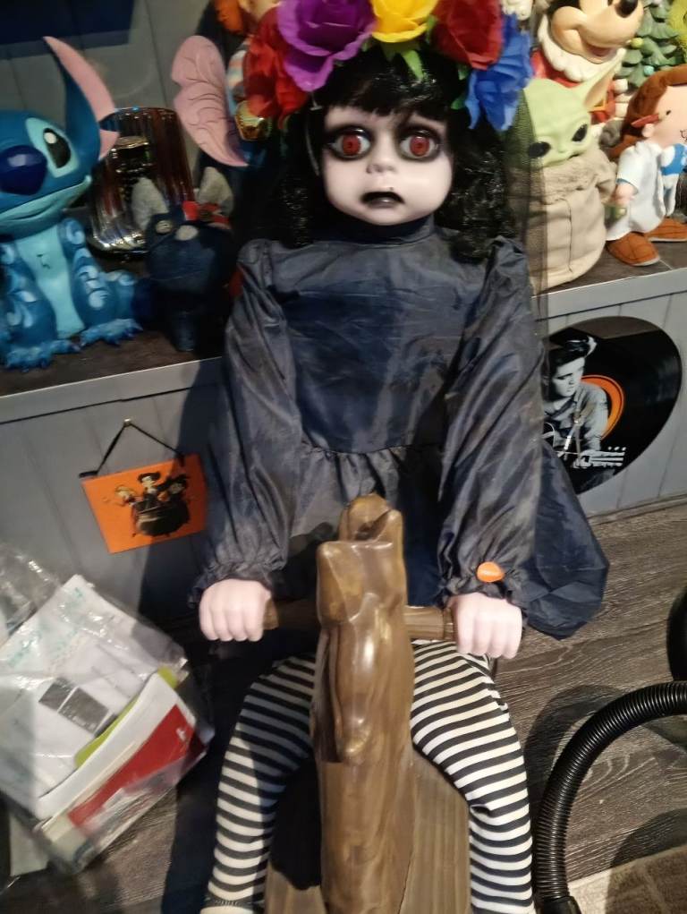 Annabelle Spooky Doll on Rocking Horse – Halloween Decoration