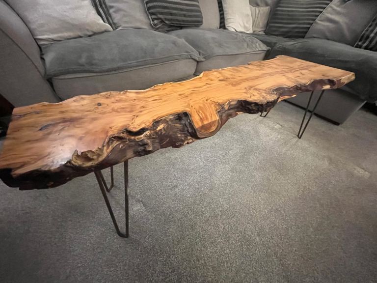 Handmade solid yew coffee table - live edge industrial style 
