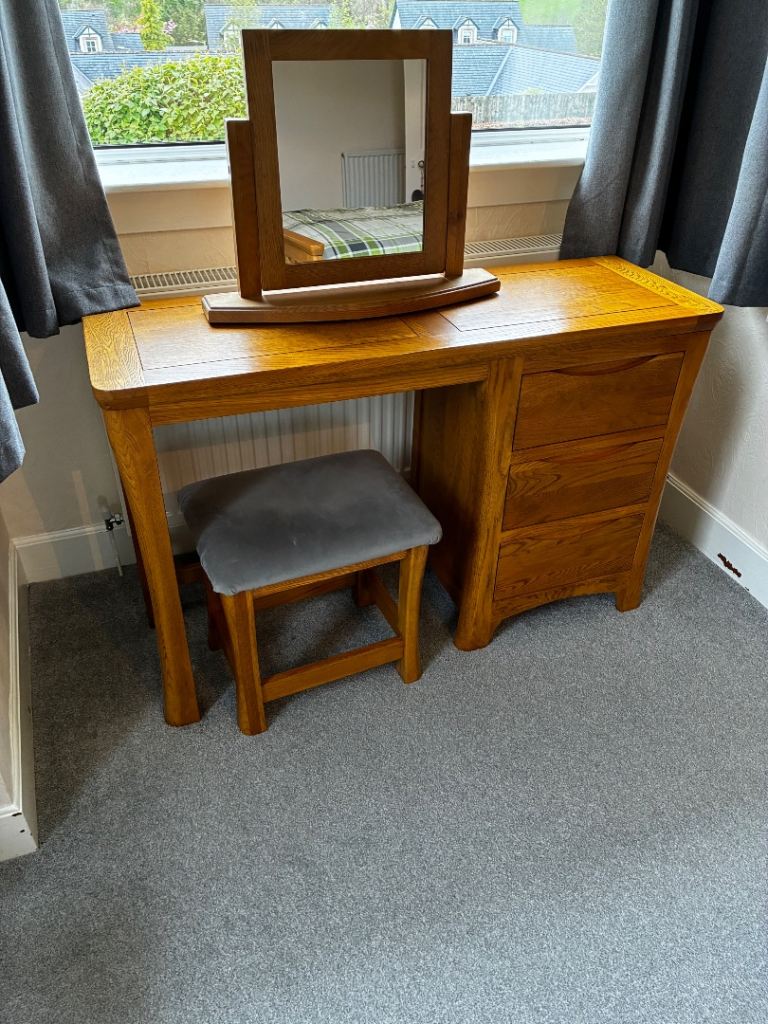Solid oak dressing table, stool and mirror