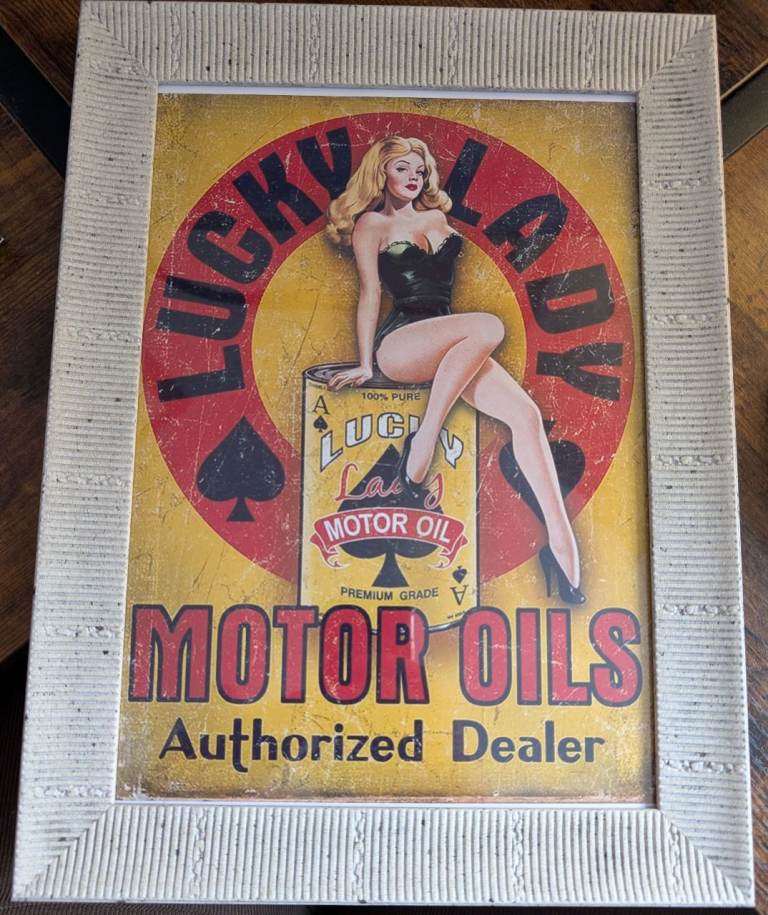 Lucky Lady Motor Oils Metal Sign Vintage Style Man Cave / Garage Framed A4 Size