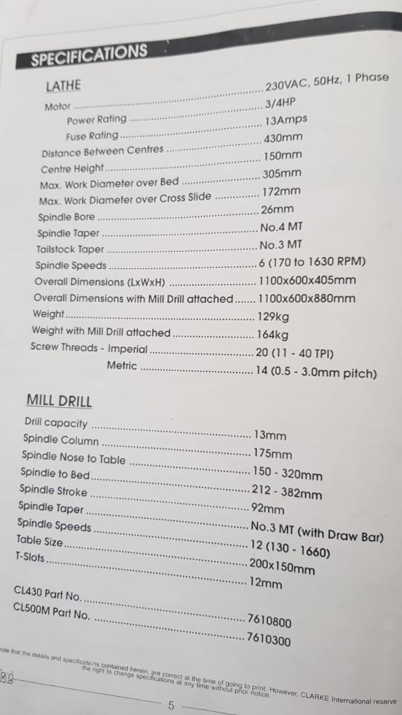 Lathe is a cI500M, with 6 speed including Clarke stand as new. 