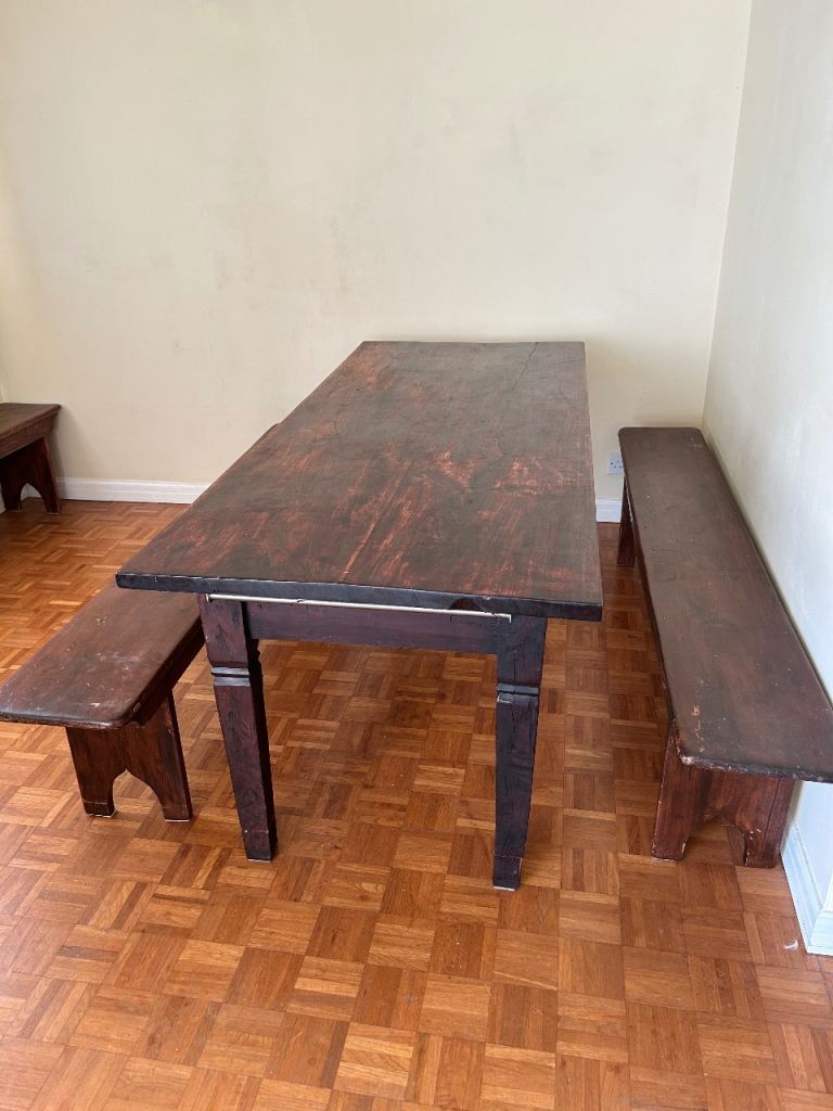 Reclaimed wood dining table and benches 