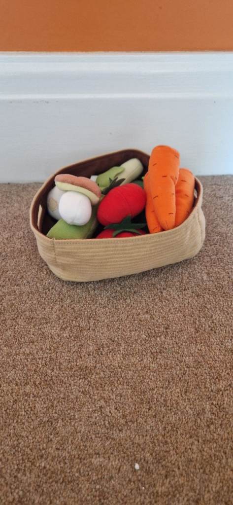 FABRIC PLAY FOOD, FRUIT AND VEGETABLES IN BASKETS. EXCELLENT CONDITION.