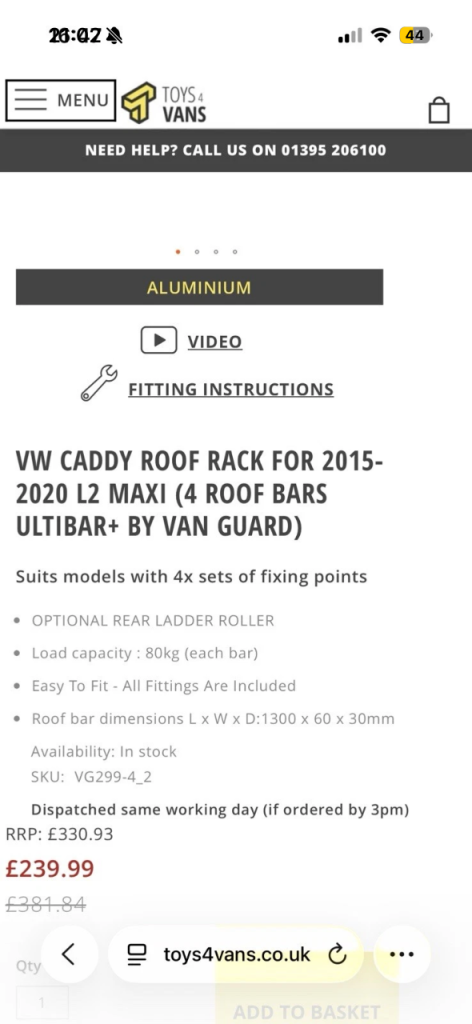 Vanguard Ulti Roof Bars for VW Caddy Maxi