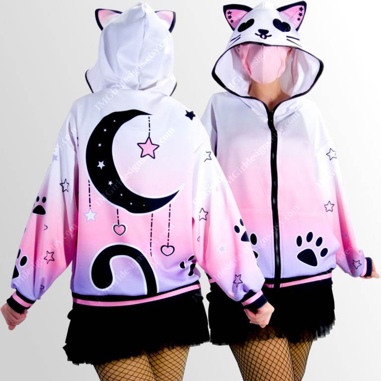 Pastel Cat Ear Hoodie, Kawaii Moon & Paws Zip-Up: Size L