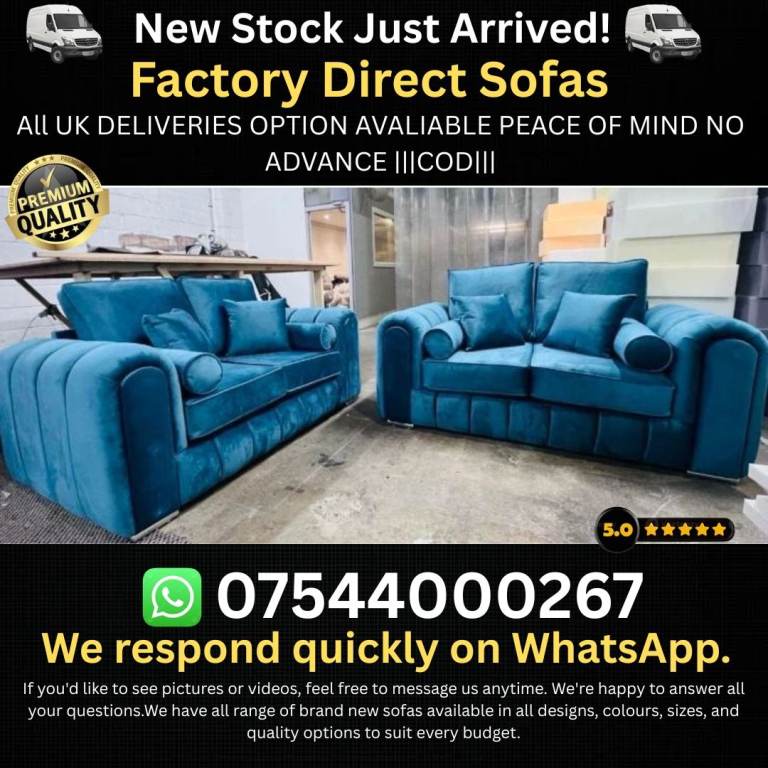 New Teal Velvet Sofas - 3 Seater and 2 Seater Set