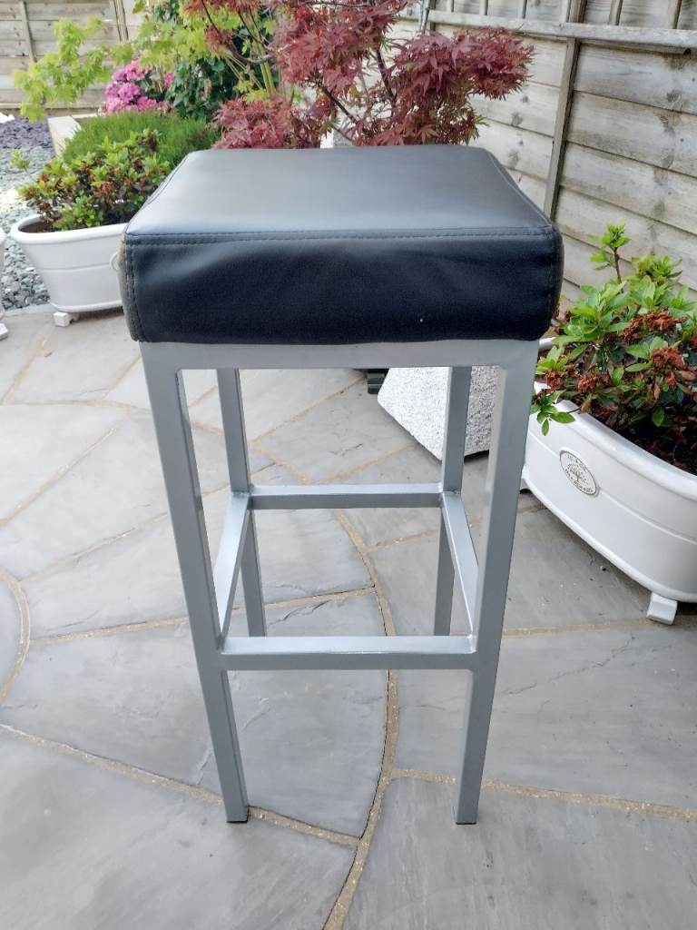 Grey Metal Bar Stool with Black Seat Pad