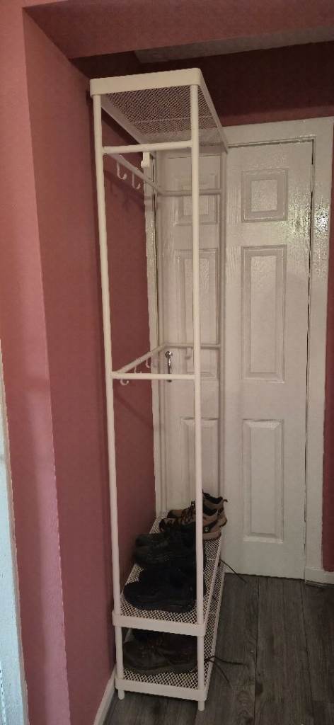 White Metal Clothes Rack with Shoe Storage – Good Condition