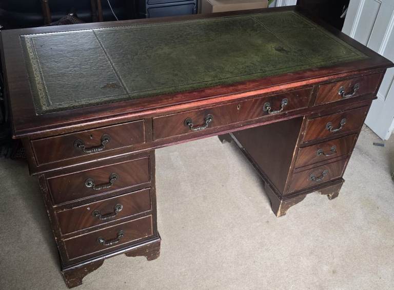 Large Mahogany Twin Pedestal Executive Desk / Green Leather Top / 138cm/ 77H/69D
