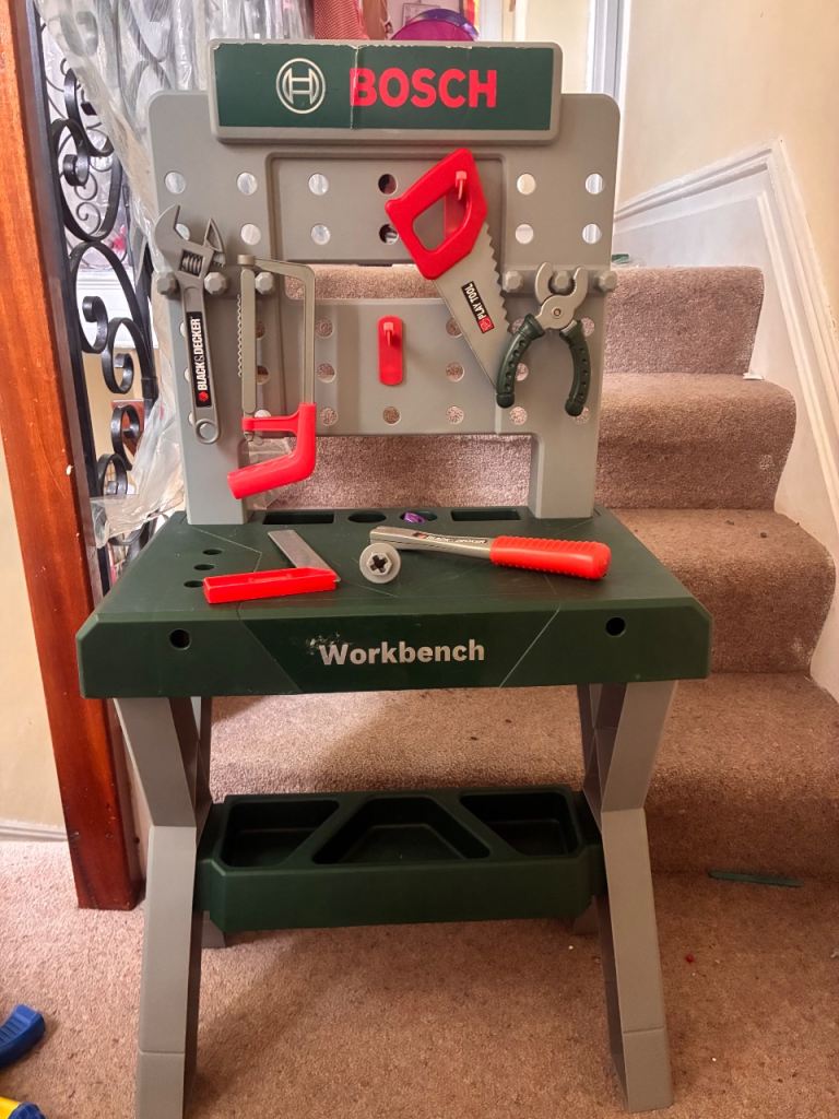 Bosch pretend play workbench and selection of toy tools 