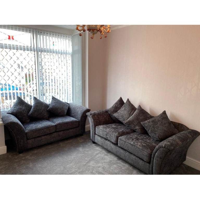 Brand New Grey Crushed Velvet Sofa Suite