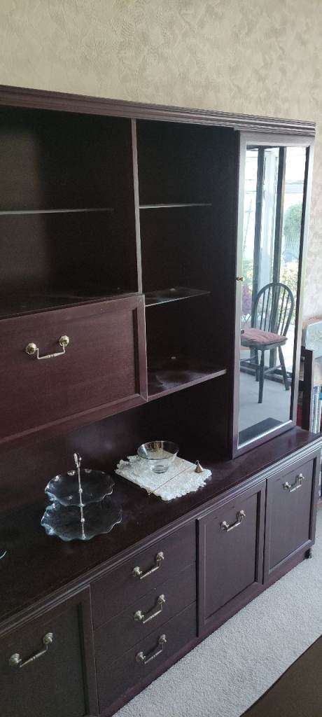 Illuminated Large Dark Wood Display Cabinet with Glass Doors and Shelves