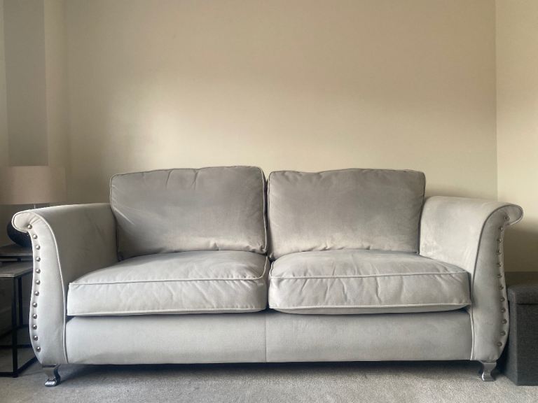 3 seater grey sofa, grey, velvet, studded arms