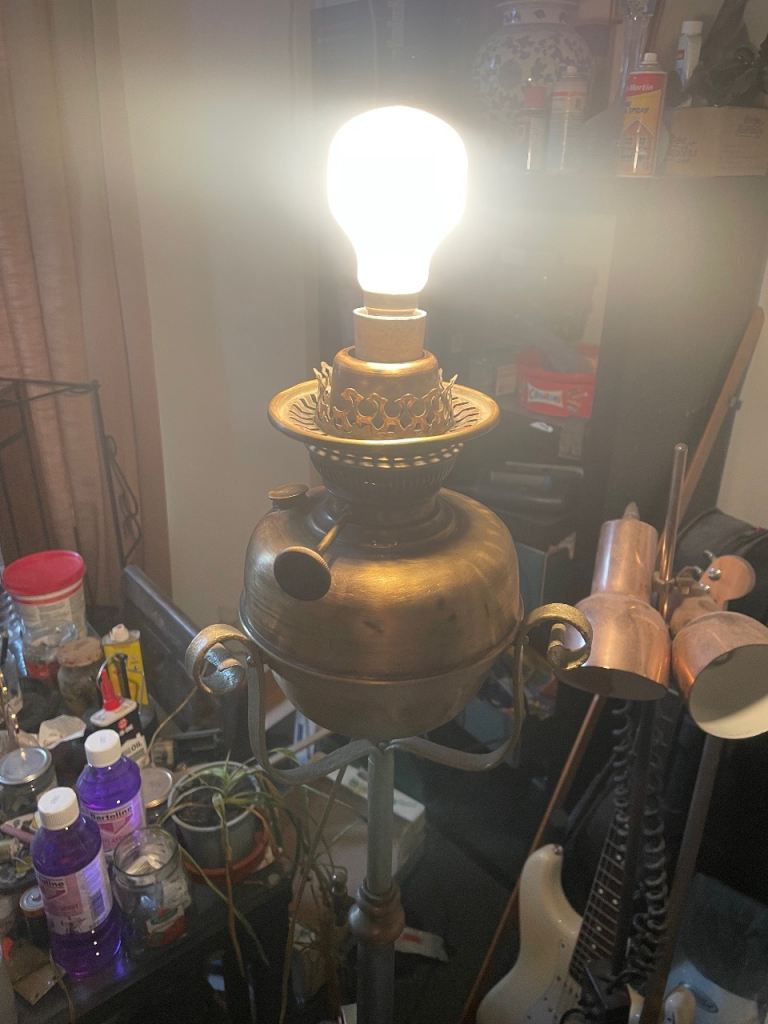 Antique Wrought Iron, Copper and Brass Lamp Stand  and Converted Hinks Oil Lamp burner