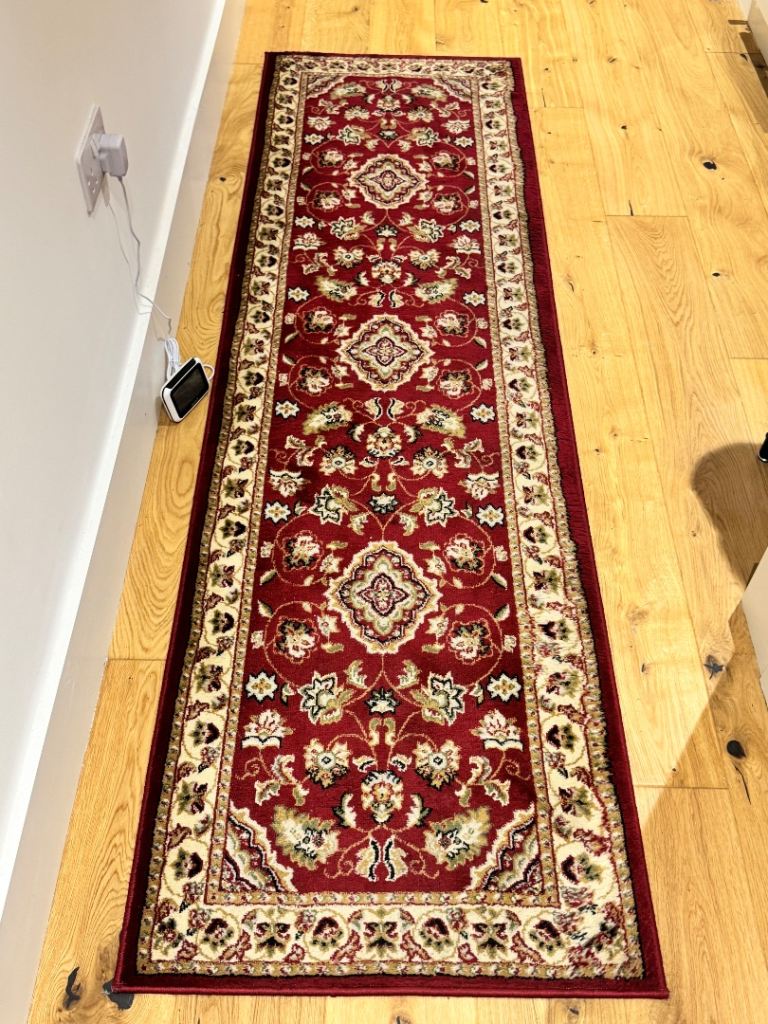 Red Patterned Hallway Runner Rug – Good Condition