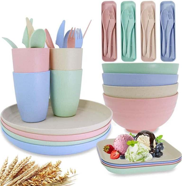 Brand New Unbreakable Wheat Straw Dinnerware Sets of 4, Lightweight Bowls with Plates