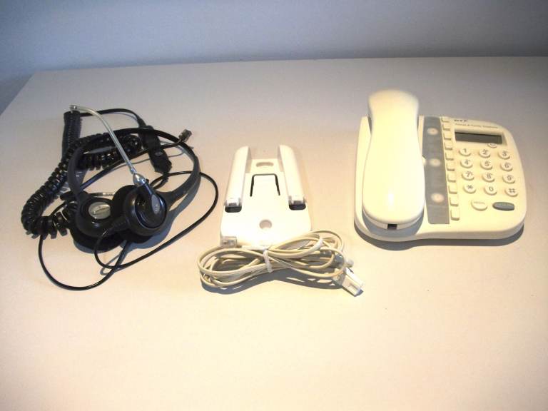 BT landline telephone handset and Plantronics audio headset