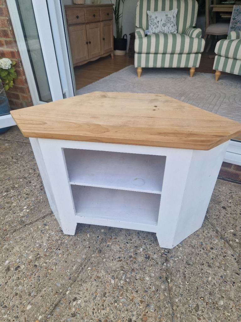 Wooden Corner TV Unit – White & Oak Top, Good Condition