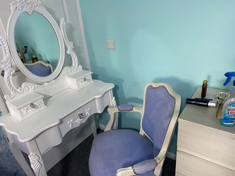 White Dressing Table with Mirror and Chair – Good Condition